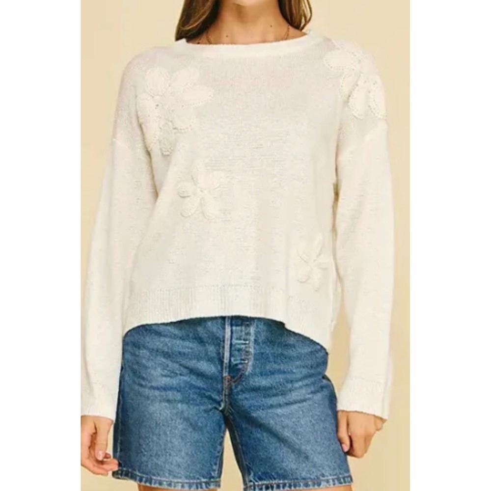 Pinch Cream Crochet Floral Applique Knit Sweater Medium Ivory Pullover Boho